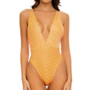 Luli Fama REBEL GLAM - Deep V Crossed Back One Piece Disco Gold NWT Size Small